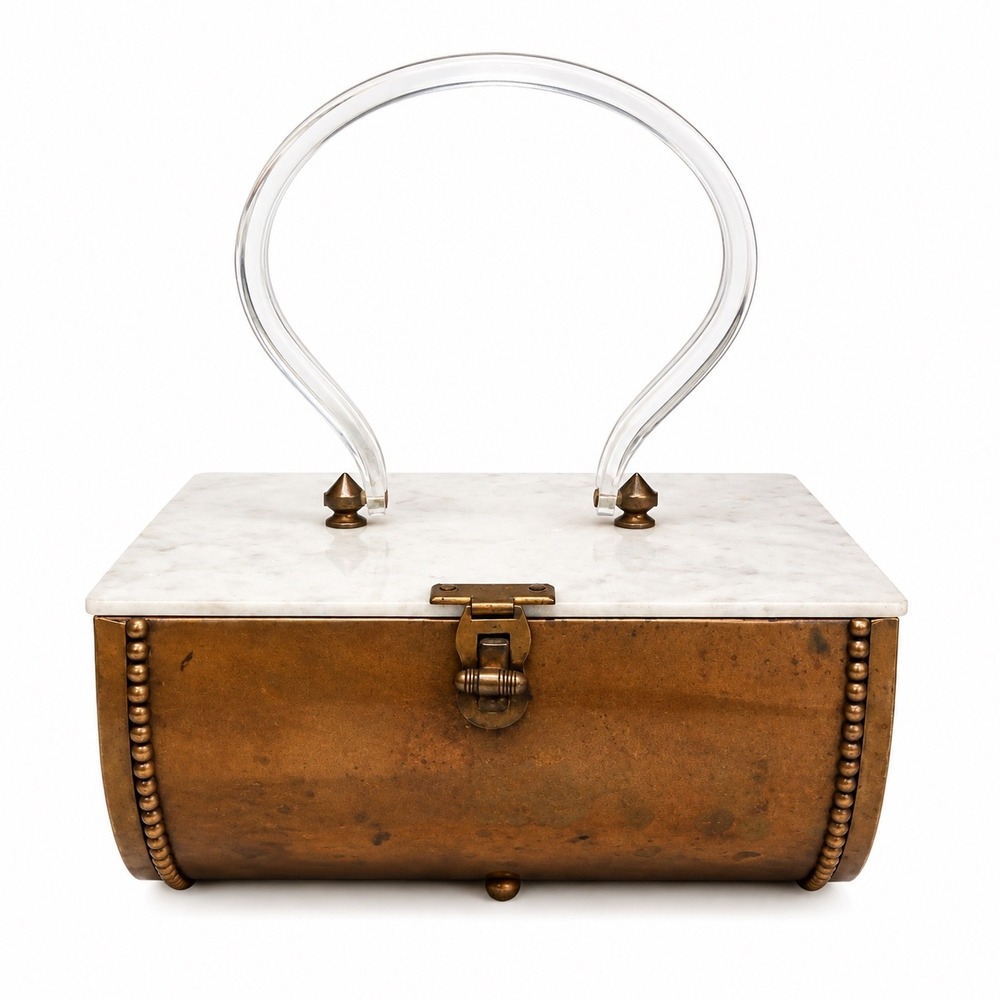⚜️130. 1950s Copper Metal Box Bag White Marbled Lucite Lid Clear Handle Handbag